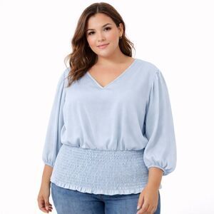 The Line of Style Womens 3X Blue Satin Smocked Waist Balloon Sleeve Blouse